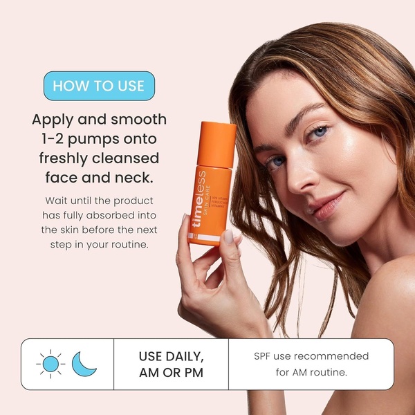 A clean, instructional skincare ad featuring a person holding a bottle of Vitamin C serum, providing clear steps on how to use the product in a routine.